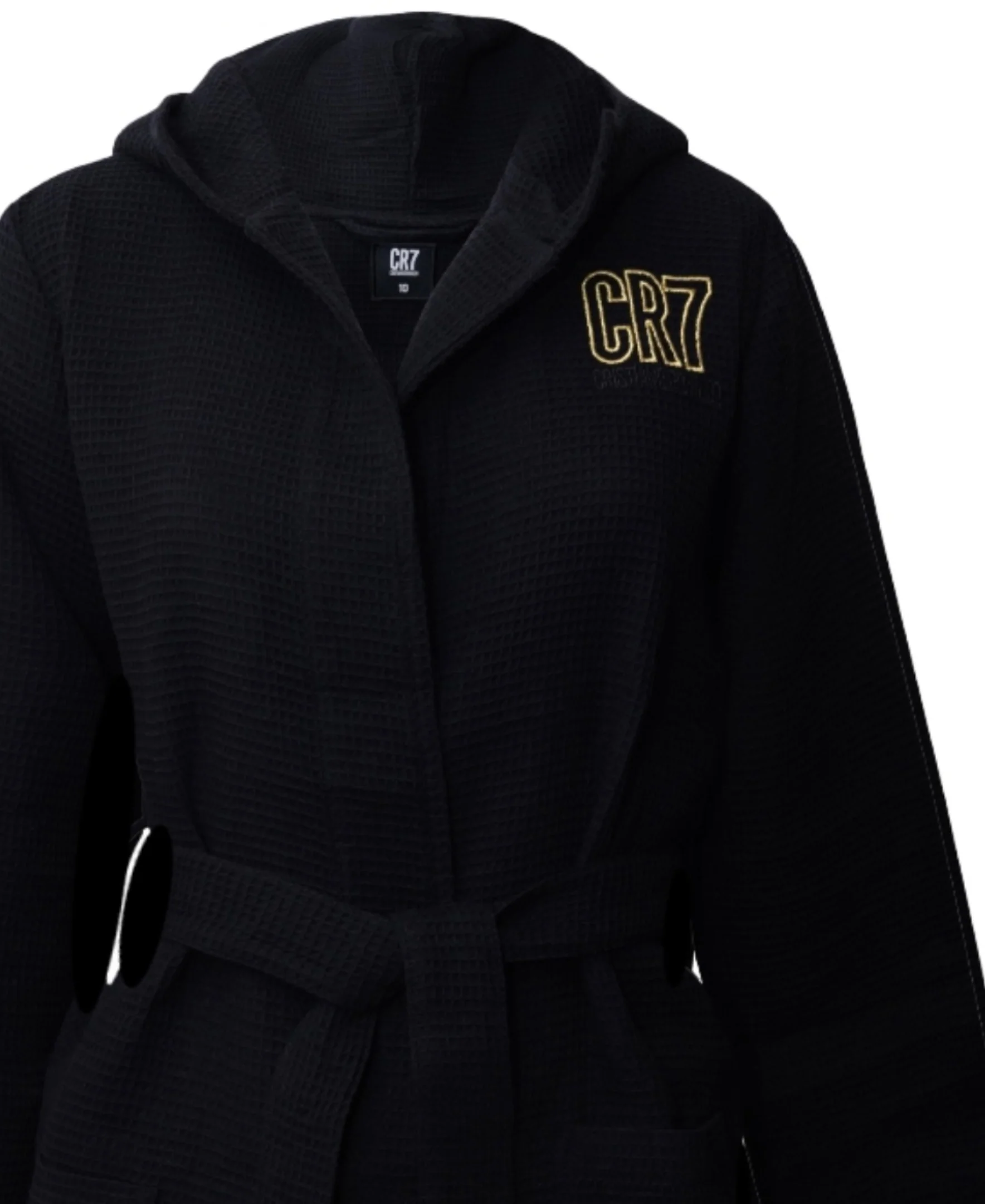CR7 Boy's Hooded Waffle Weave Bathrobe, Black - Image 3