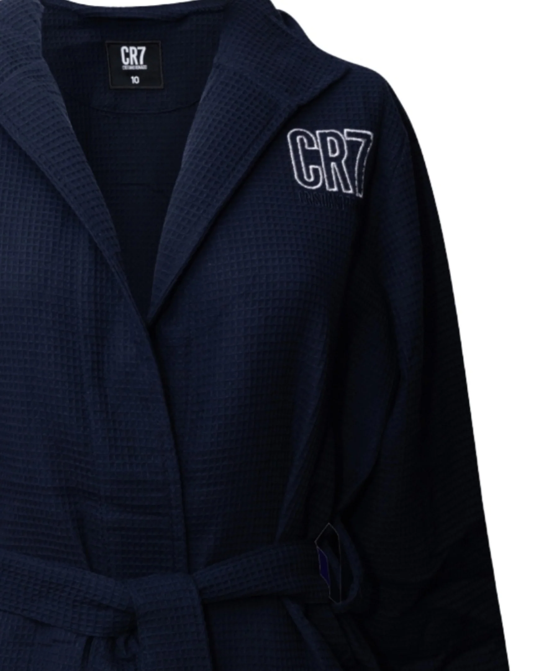 CR7 Boy's Hooded Waffle Weave Bathrobe, Navy - Image 3