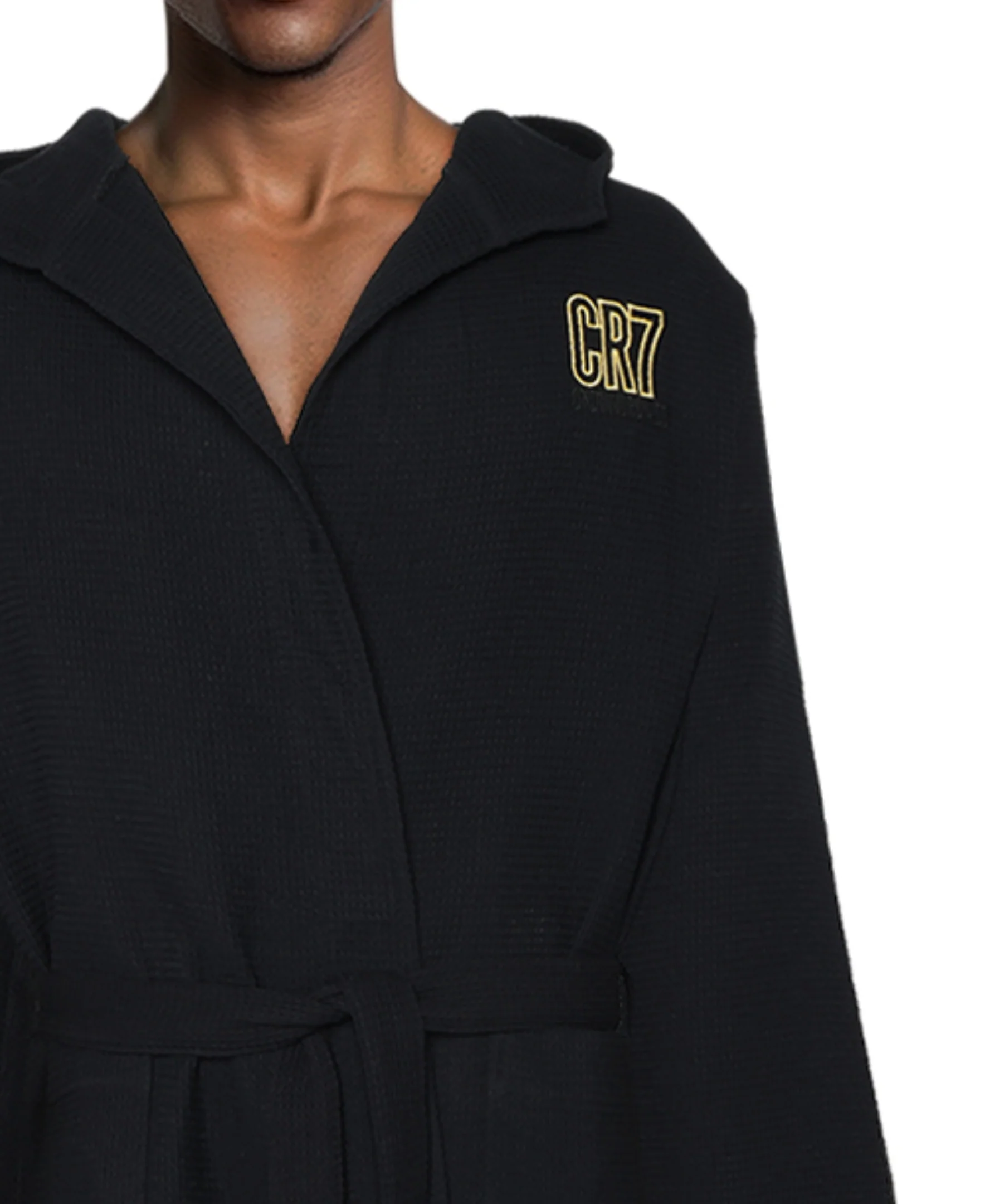 CR7 Men's Hooded Waffle Weave Bathrobe, Black - Image 3